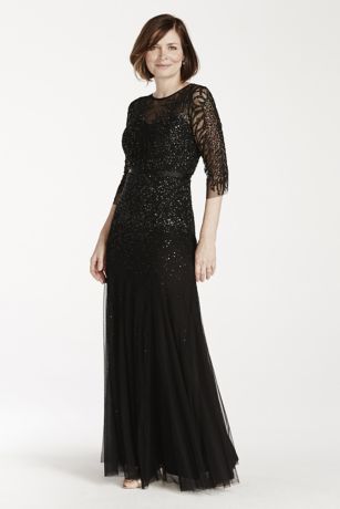 3/4 Illusion Sleeve Beaded Floor Length Dress