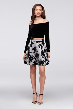 Velvet Top Off-the-Shoulder and Flocked Skirt Set