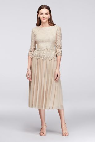 Webbed Lace and Mesh Tea-Length Dress