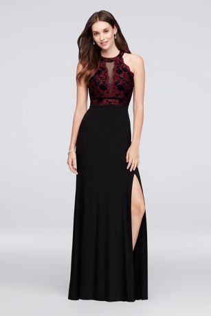 A-Line Glitter Lace and Jersey High-Neck Gown