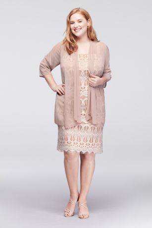 Applique Lace Petite Dress with Sheer Jacket