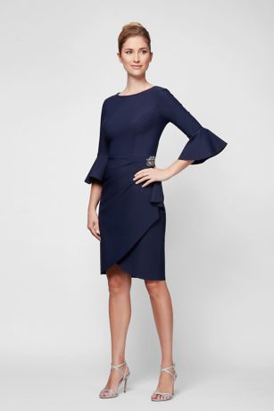 3/4-Sleeve Smoothing Knit Mock Wrap Cocktail Dress