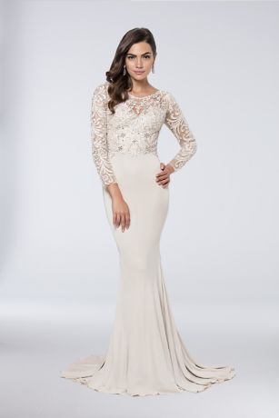 Appliqued Long Sleeve Matte Jersey Sheath Gown