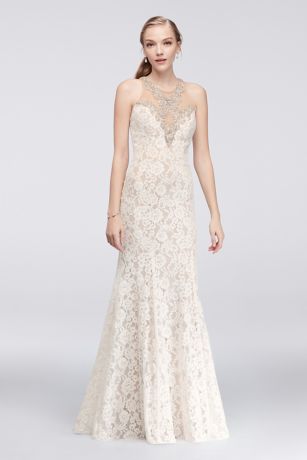 Allover Lace Mermaid Dress with Crystal Neckline