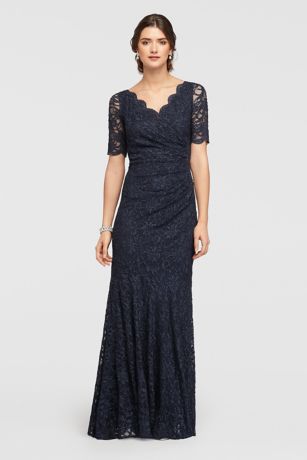 Allover Lace Elbow Sleeved Dress with Scallop Trim