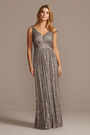 Allover Sequin Pleated Gown with Illusion Plunge