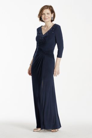 3/4 Sleeve Long Jersey Dress with Beaded Bodice