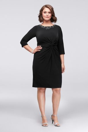 3/4 Sleeve Plus Size Short Sheath with Crystals