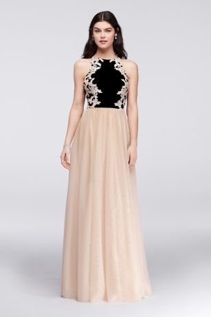 Appliqued Jersey and Mesh Low Back Ball Gown