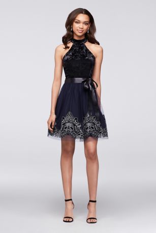 Velvet and Glitter-Print Tulle High-Neck Dress