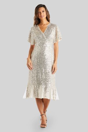 Allover Sequin Wrap Midi Wedding Dress with Godets