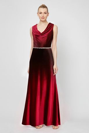 Velvet Ombre A-Line Cowlneck Dress with Beading