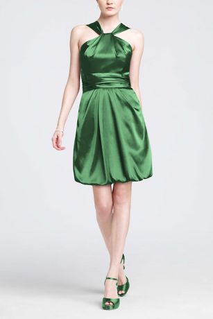 Y Neck Charmeuse Dress with Bubble Hem