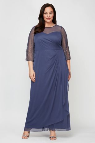 3/4 Beaded Sleeve Ruched Cascade Plus Size Dress