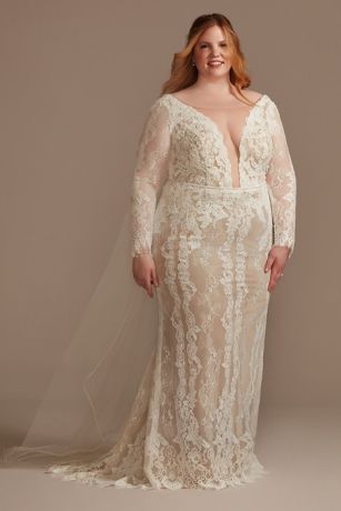 As Is Illusion Plunge Sleeved Plus Wedding Dress