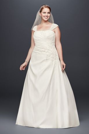 Appliqued Satin Cap Sleeve Plus Size Wedding Dress