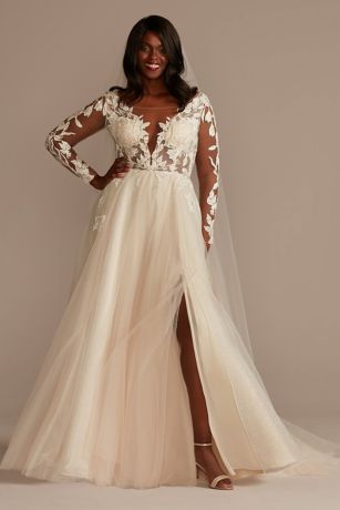 As Is Illusion Plunge Lace Appliqued Wedding Dress