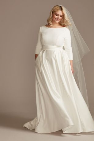 3/4 Sleeve Low Back Satin Plus Size Wedding Dress