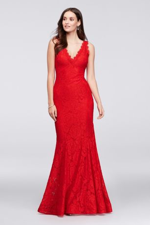 Allover Lace V-Neck Gown with Eyelash Trim