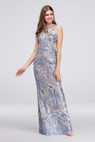 Allover Sequin Sheath Gown with Open Back