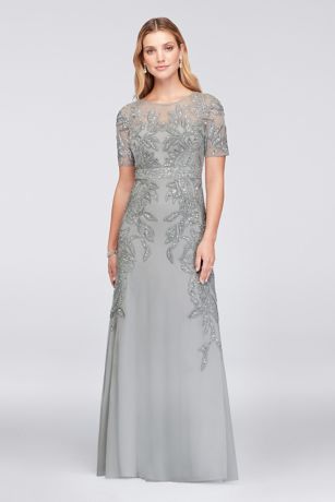 Vine-Beaded Mesh Gown with Elbow-Length Sleeves