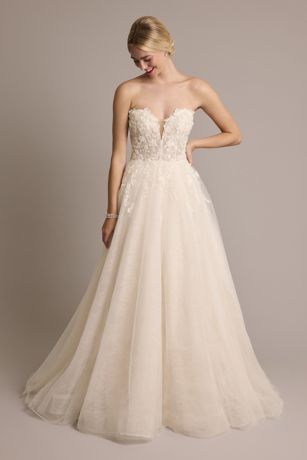 3D Floral Plunging Strapless Tulle Ball Gown