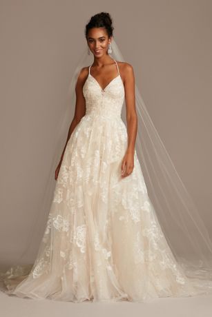 As Is Floral Applique Beaded Strap Wedding Dress