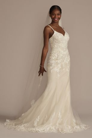 Appliqued Lace-Up Spaghetti Strap Wedding Dress