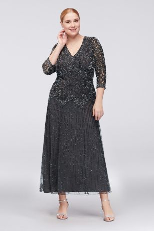 Allover Mixed Beading 3/4-Sleeve Plus Size Gown