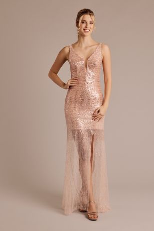 Allover Beaded Sheer Hem Sheath Dress