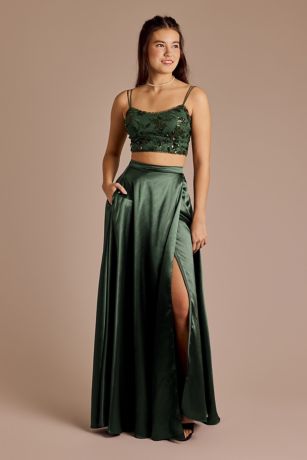 2-Piece Sequin Bodice and Satin A-Line Skirt Set