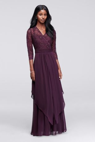 3/4 Sleeve Beaded Illusion Lace and Chiffon Dress