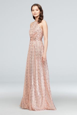 Allover Sequin High-Neck Pleated Bridesmaid Dress