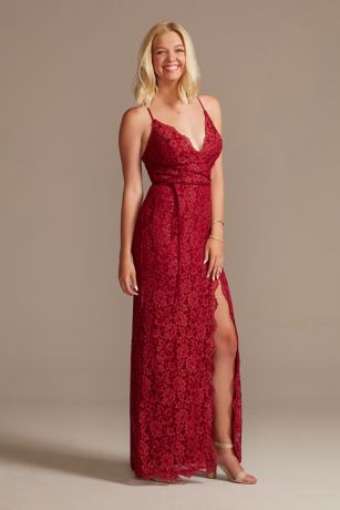 Allover Lace Sheath Gown with Plunging Neckline