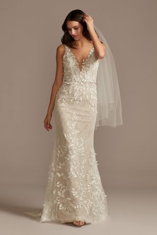 As Is 3D Leaves Applique Lace V-Neck Wedding Dress