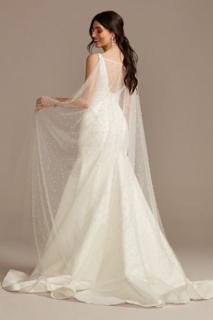 Allover Pearl Convertible Tulle Cape Train