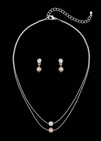 2 Row Necklace and Earring Set with Crystal Pave Ball and Pearl.