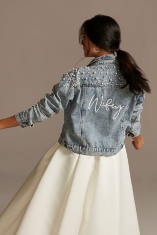 Wifey Pearl and Crystal Studded Denim Jacket