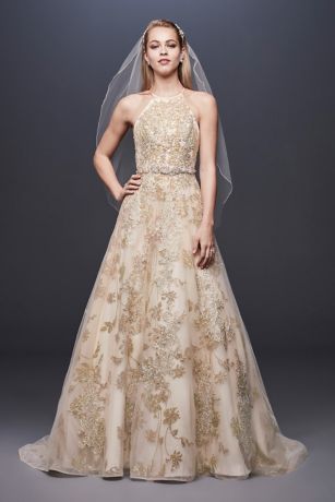 Allover Lace Applique Halter Ball Gown