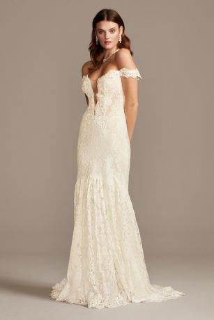 As Is Off Shoulder Plunging Lace Wedding Dress