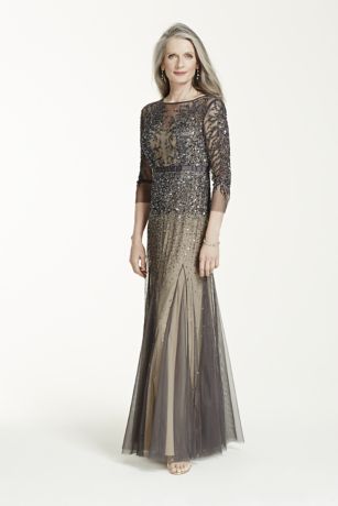 3/4 Sleeve Long Beaded Gown with Ribbon Waist