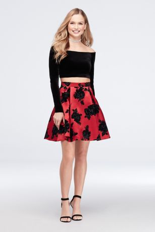 Velvet Top Off-the-Shoulder and Flocked Skirt Set