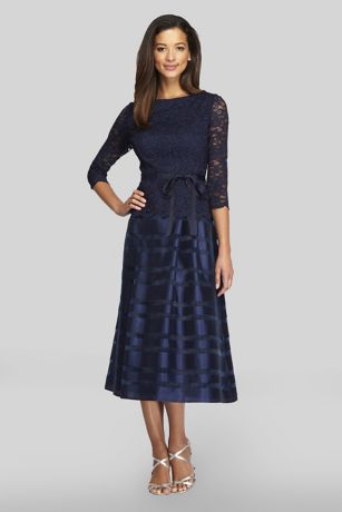 3/4 Sleeve Lace and Taffeta Tea-Length Dress