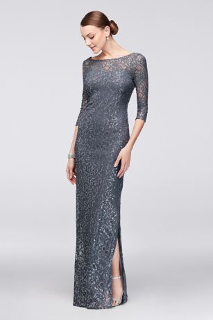 3/4-Sleeve Sequined Lace Column Dress with V-Back