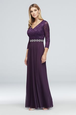 3/4-Sleeve Lace and Chiffon Gown with Beaded Waist