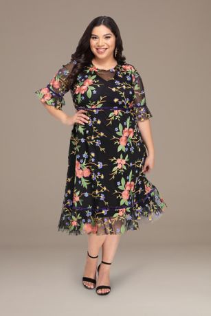 Wildflower Embroidered A-Line Velvet-Trimmed Dress