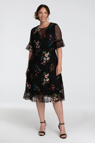 Wildflower Embroidered A-Line Velvet-Trimmed Dress