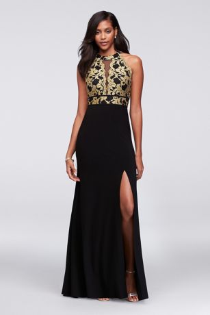 A-Line Glitter Lace and Jersey High-Neck Gown