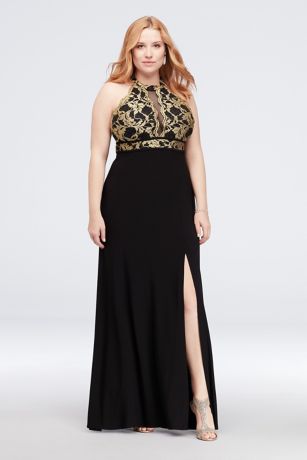 A-Line Glitter Lace and Jersey High-Neck Gown