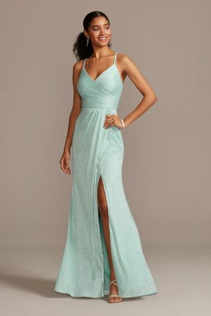 Wrap Bodice Skinny Strap Glitter Micro-Pleat Gown